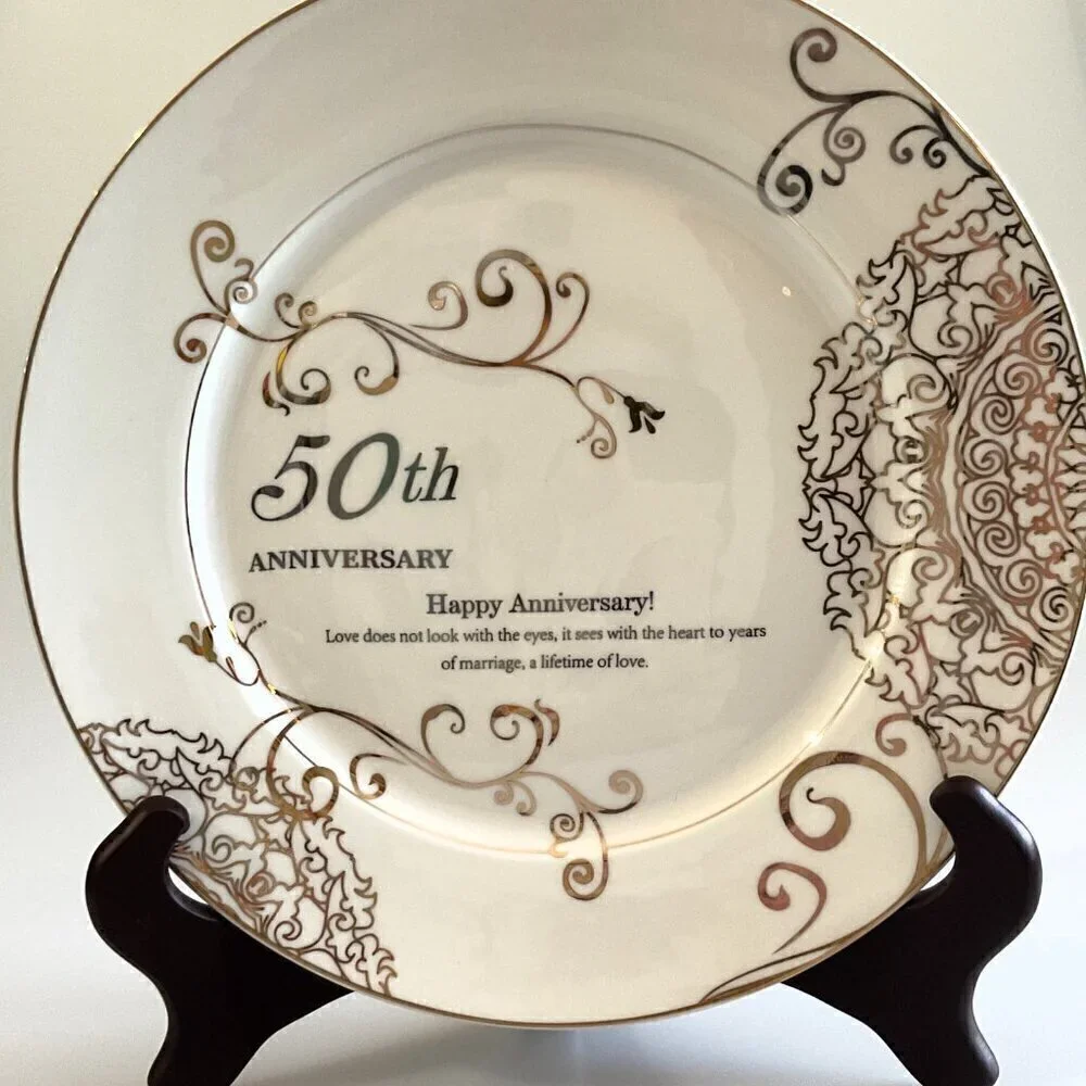 50TH ANNIVERSARY WEDDING PLATE, PORCELAIN GOLD PLATE WITH STAND 10 INCH